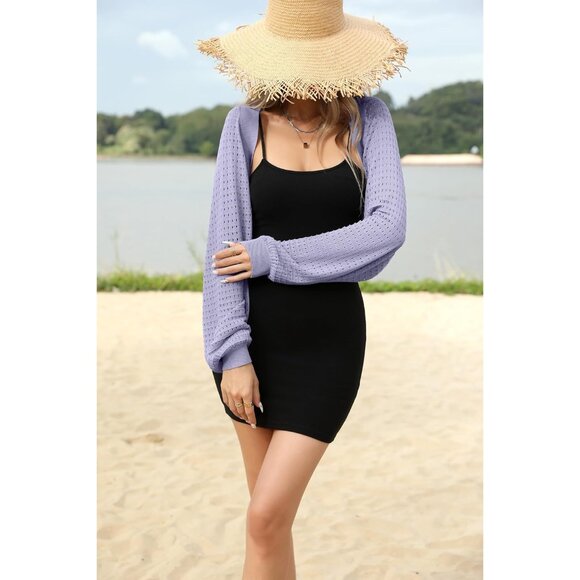 Women's Light Purple Cotton Blend Crop Cardigan Bolero Sweater for Summer - Picture 6 of 6